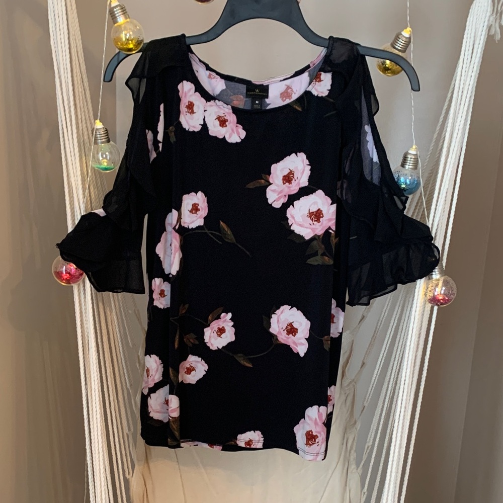 Worthington Black Top with Pink and Red Floral Pattern Med.